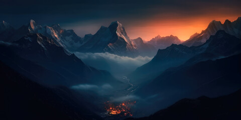 View of the Himalayas during a foggy sunset night - Mt Everest visible through the fog, Generative Ai