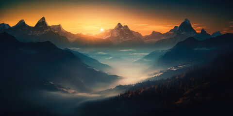 View of the Himalayas during a foggy sunset night - Mt Everest visible through the fog, Generative Ai