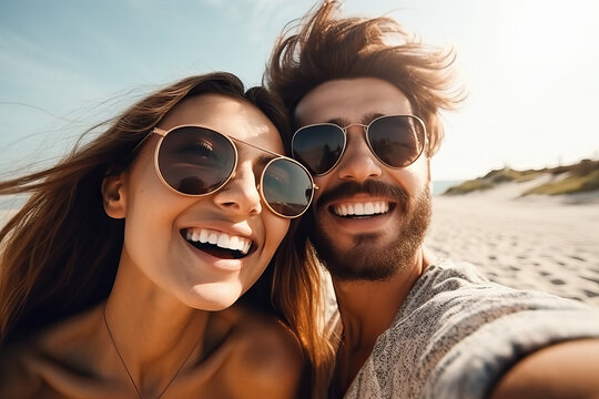 Attractive beautiful young couple in love taking a photo of themselves in front of a beach landscape. Generative AI