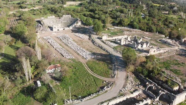 Aerial drone view to Tlos ancient ruined Lycian hilltop citadel and town