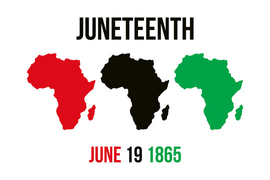 Juneteenth Independence Day. Freedom or Emancipation day. Annual american holiday. Poster, greeting card, banner and background. Silhouette of the African continent in the colors of the flag.