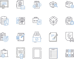 Business files and folders outline icons collection. file, folder, document, report, spreadsheet, presentation, proposal vector and illustration concept set. invoice, receipt, contract linear signs