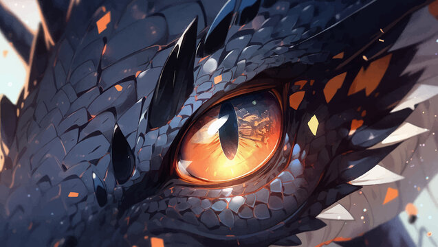 Eye of Fantasy Black Evil Dragon . Mythological creatures. Fantastic monster. Ancient reptile. Digital painting.