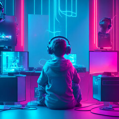 Gamer boy in front of his computer. Generative AI - obrazy, fototapety, plakaty