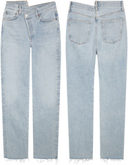 blue jeans with an asymmetrical belt and threads sticking out on the legs, isolated on transparent or white background, png, mockup	