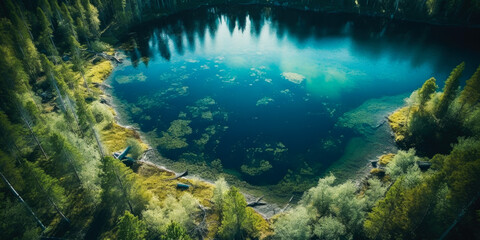 Fototapeta na wymiar Aerial view of blue water lake and green summer woods in Finland. wallpaper, Generative Ai