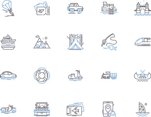 Traveling people outline icons collection. Travellers, Voyagers, Roamers, Explorers, Adventurers, Wanderers, Journeyers vector and illustration concept set. Globetrotters,Vagabonds,Backpackers linear - obrazy, fototapety, plakaty