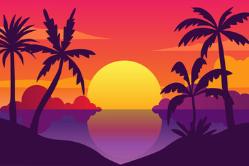 Fototapeta na wymiar Summer tropical background with palms, sky and sunset. Summer placard vector poster flyer invitation card. Summertime.