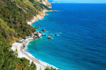 Coast in Montenegro in the city of Budva with blue water of the adriatic sea