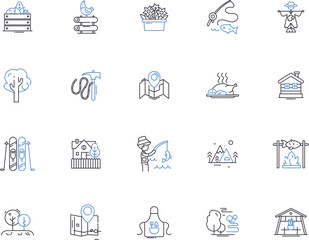 Village outline icons collection. Village, settlement, hamlet, township, rural, homestead, suburban vector and illustration concept set. countryside, town, populace linear signs