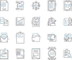 Business files and folders outline icons collection. file, folder, document, report, spreadsheet, presentation, proposal vector and illustration concept set. invoice, receipt, contract linear signs