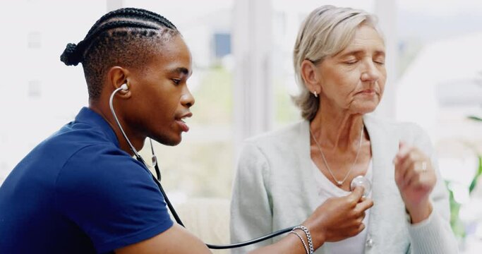 Nurse, elderly woman and stethoscope for cough test for healthcare, wellness or listening for breathing problem. Nursing home, listen or breathe with doctor black man, senior female patient for lungs