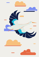 Flying crane with cloud on the background, simplify flat art 