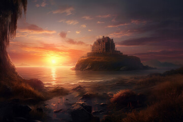 Fototapeta premium an idealised romantic dramatic matte painting of a sunset, Generative Ai