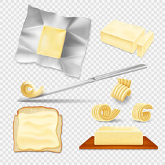 Realistic butter. Spread margarine on bread with knife. Fat food on kitchen dish. Healthy milk diet for breakfast cooking. Dairy product pieces and slices. Vector isolated 3D objects set
