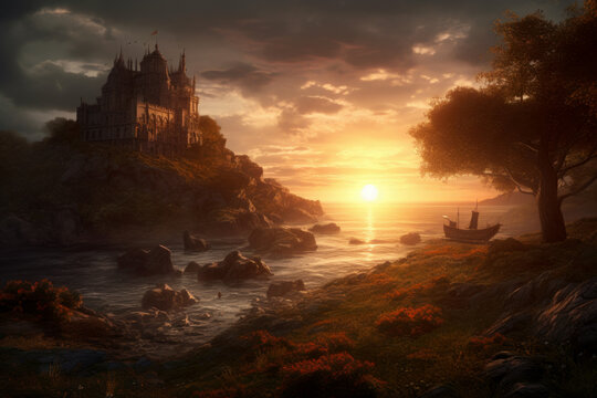 an idealised romantic dramatic matte painting of a sunset, Generative Ai