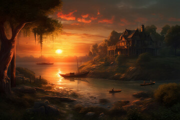 an idealised romantic dramatic matte painting of a sunset, Generative Ai