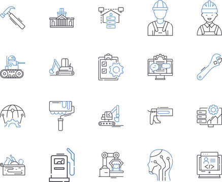 Builder production outline icons collection. Constructor, Fabricator, Manufacturer, Assembler, Producer, Carpentry, Craftsman vector and illustration concept set. Artisan, Joiner, Craftsmanship linear