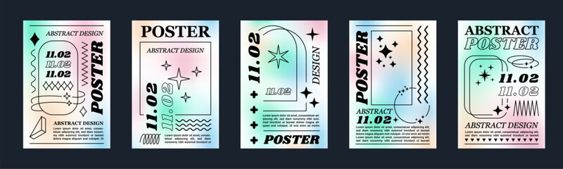 Y2k graphic posters. Abstract shape elements. Trendy figures and gradients. Retro and modern aesthetic flyers. Silhouette and line stars. Holographic banners set. Vector abstract design
