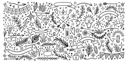 Doodle heart, sparkle and star icons. Hand drawn scribble drawing lighting, black arrow and flower elements, simple line diamonds and crowns. Freehand shapes. Vector illustration symbols