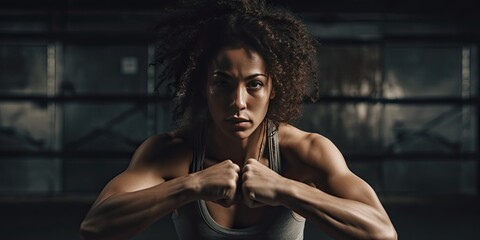 close-up of a strong female athlete in a fighting pose, generative AI