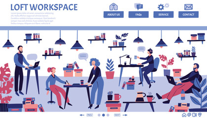 Doodle loft workspace. Office landing page. Work space for startup team. Coworking room. Social and business workplace. People with computers. Website design. Vector digital concept