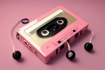 Vinyl record player and tape recorders on a yellow and pink background. Generative Ai