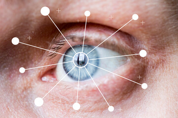 Eye monitoring eye scan . Biometric iris scan of male eye close up. - 593013404