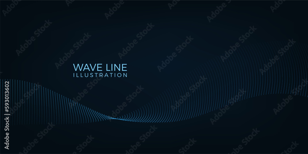 Poster 3d data wave, point line. Abstract digital shaping dots, future elements, dark blurry particle flow. Curve minimal shape on black background. Simple business backdrop. Vector illustration