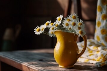 yellow-jug-with-daisies-on-wooden-table-gentle-sunlight. AI Generated.