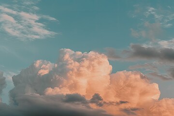 White clouds at sunset against an ethereal air blue sky. Generative AI