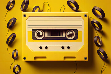 Surprising Inscription music day with old cassettes on a yellow background. Generative Ai