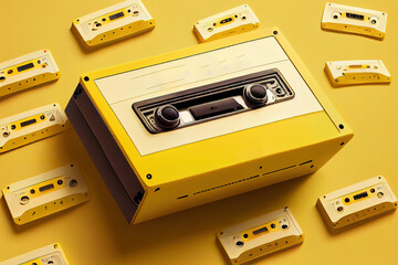Surprising Inscription music day with old cassettes on a yellow background. Generative Ai