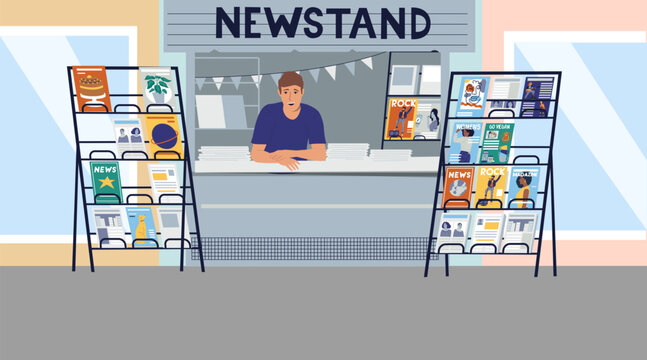 Small business. Newspapers and magazines trading. Salesman at street shop counter. Outdoor store showcase. Local urban kiosk. Vendor selling journals. Building facade. Vector illustration