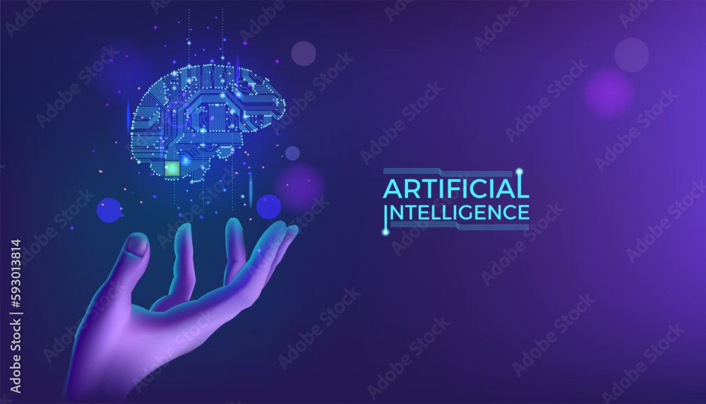 Poster Ai background. Artificial intelligence. Hand with brain glowing hologram. Digital data technology. Future of business. Neon and tech cyber robot. Neural network. Vector abstract banner