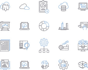 Fototapeta na wymiar Data and cloud outline icons collection. Data, Cloud, Analytics, Storage, Security, Computing, Services vector and illustration concept set. Saas, BigData, Software linear signs