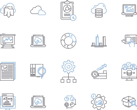 Data and cloud outline icons collection. Data, Cloud, Analytics, Storage, Security, Computing, Services vector and illustration concept set. Saas, BigData, Software linear signs