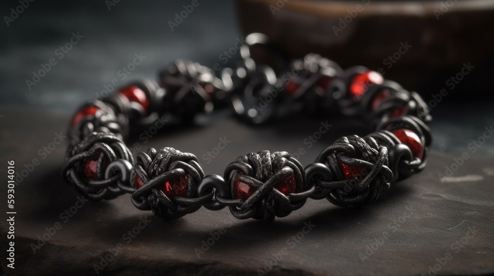 Poster a bracelet with a red stone in the middle of it. generative ai