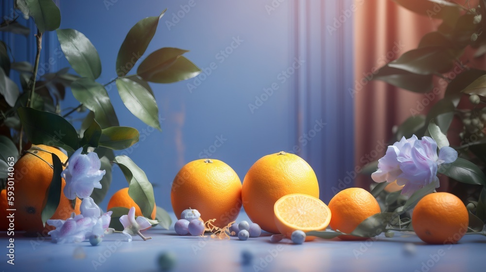 Poster a group of oranges sitting on top of a table. generative ai
