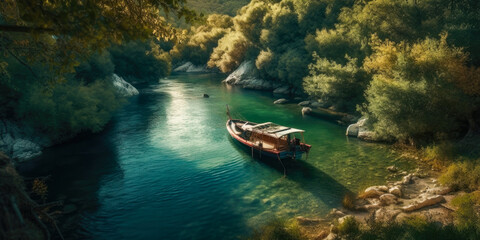 Fototapeta premium Boat moored in a cove with green forests all around aerial view, wallpaper, Generative Ai