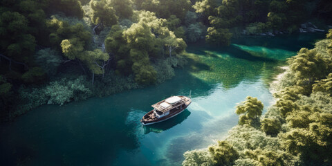 Fototapeta na wymiar Boat moored in a cove with green forests all around aerial view, wallpaper, Generative Ai