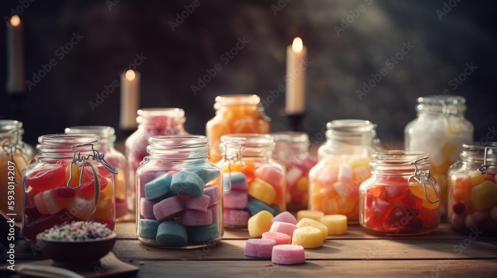 Poster  a table topped with lots of jars filled with different types of candy.  generative ai