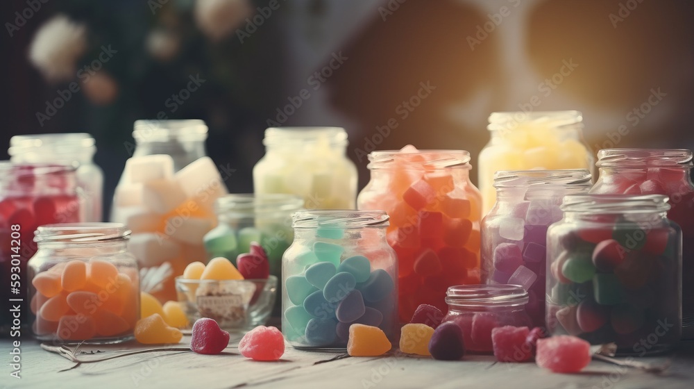 Poster a group of jars filled with different colored candies on a table. generative ai
