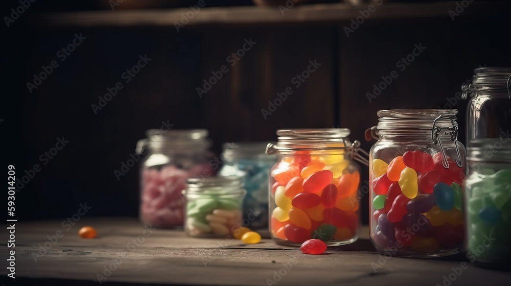 Poster a group of jars filled with different colored candies on a table. generative ai