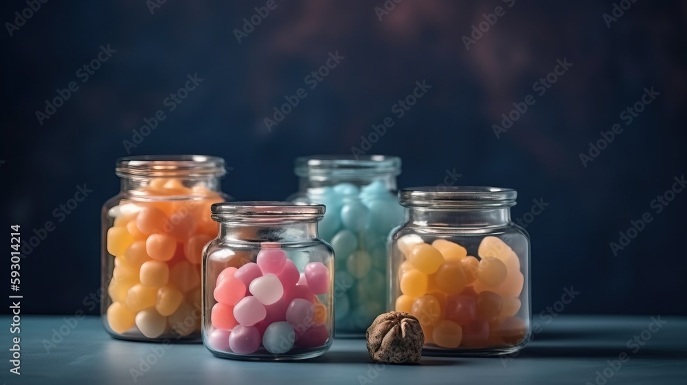 Poster a group of jars filled with different colored candies on a table. generative ai