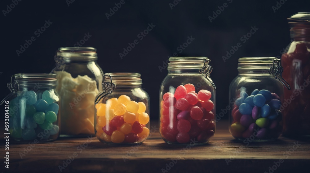 Poster a group of jars filled with candy beans on a table. generative ai