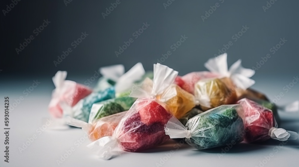 Poster a pile of assorted candy wrapped in cellophane. generative ai