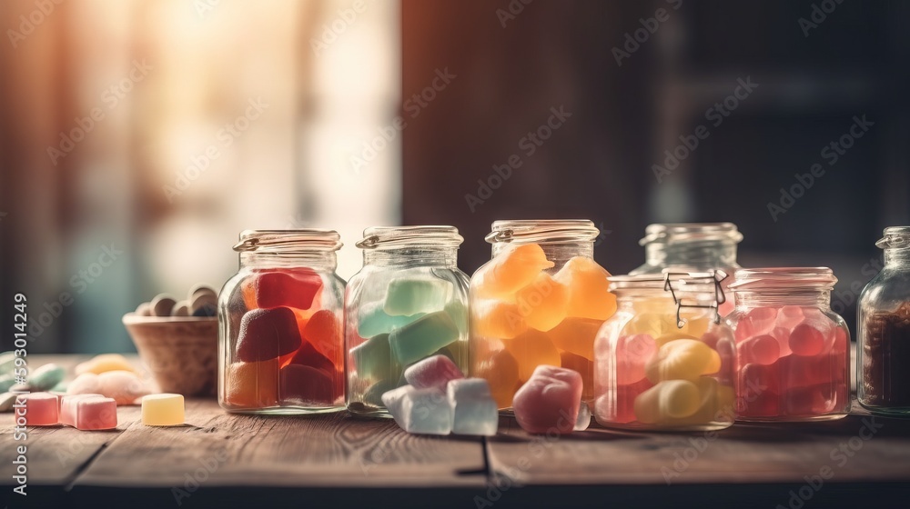 Poster a group of glass jars filled with different types of candy. generative ai