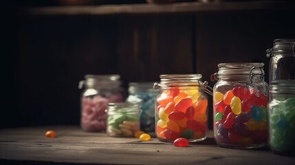 Fototapeta na wymiar a group of jars filled with different colored candies on a table. generative ai