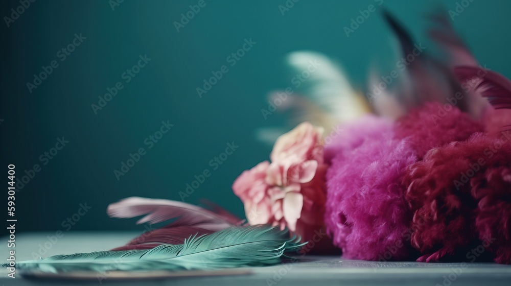 Poster a close up of feathers and a flower on a table. generative ai